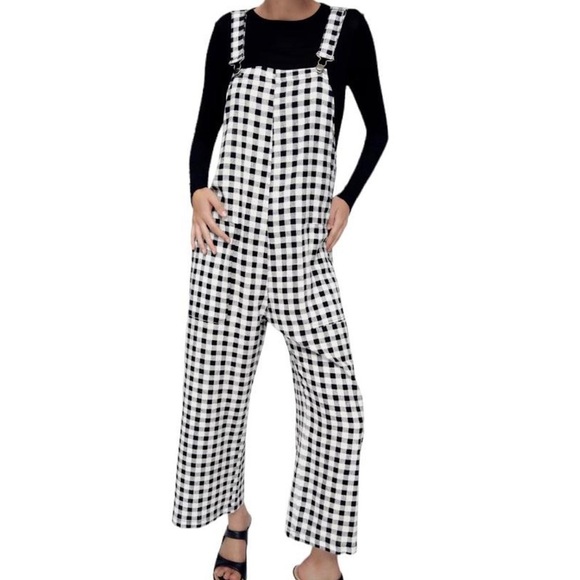 Zara Black & White Gingham Linen Overalls - Size S - Picture 1 of 3